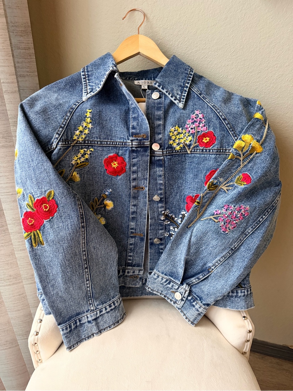 Adore XL Floral Embroidered Denim Jacket Boutique Statement Piece NWT - Picture 7 of 16
